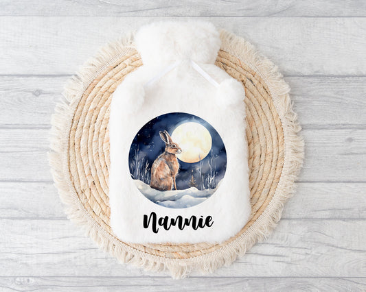 Christmas Gift For Nannie, Hot Water Bottle, Fluffy Hot Water Bottle, Personalised Hot Water Bottle, Winter Hare Hot Water Bottle
