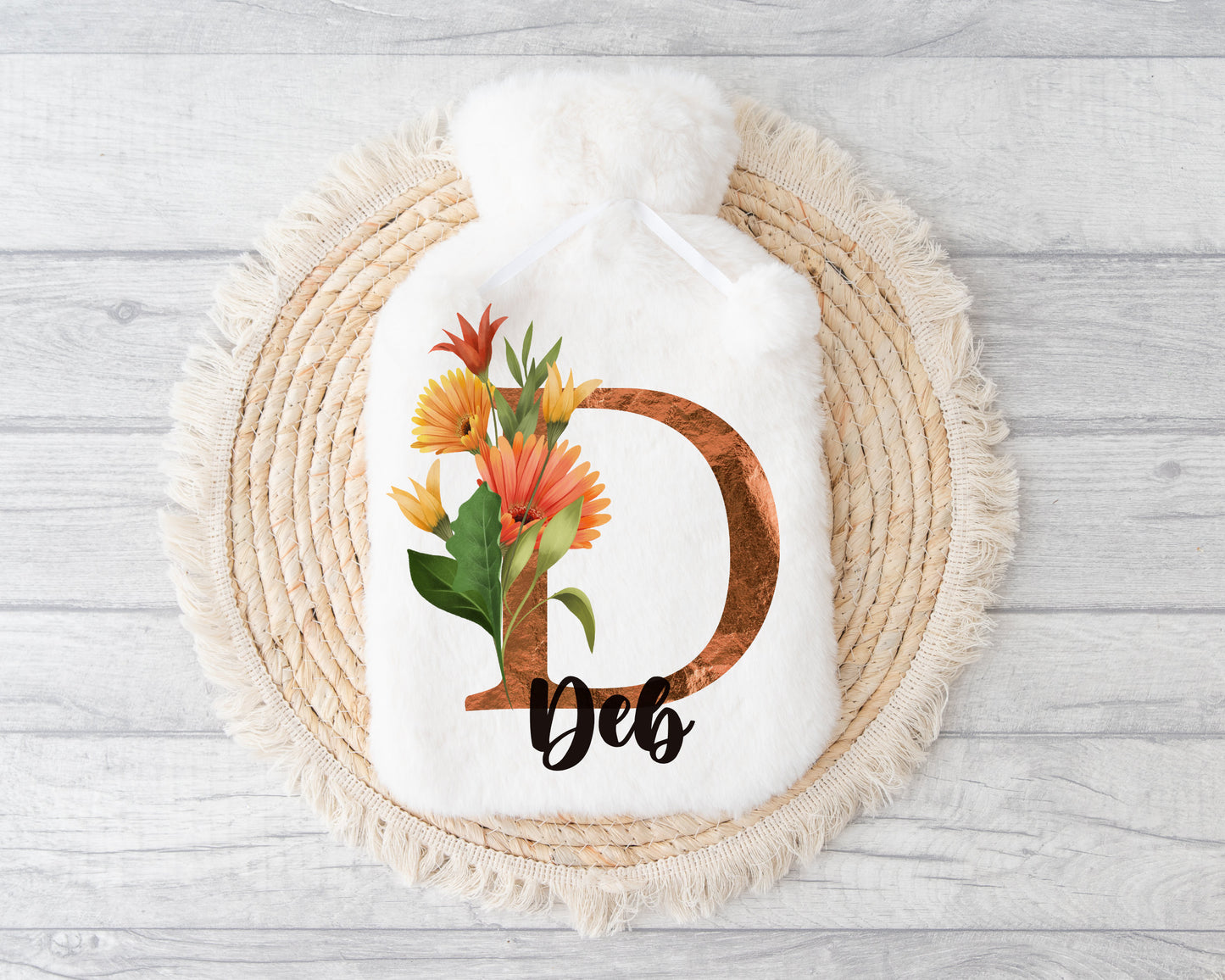 Hot Water Bottle, Nannie Gift, Personalised Hot Water Bottle, Christmas Gift For Grandma, Christmas Gift For Friend, Autumn Flower Initial