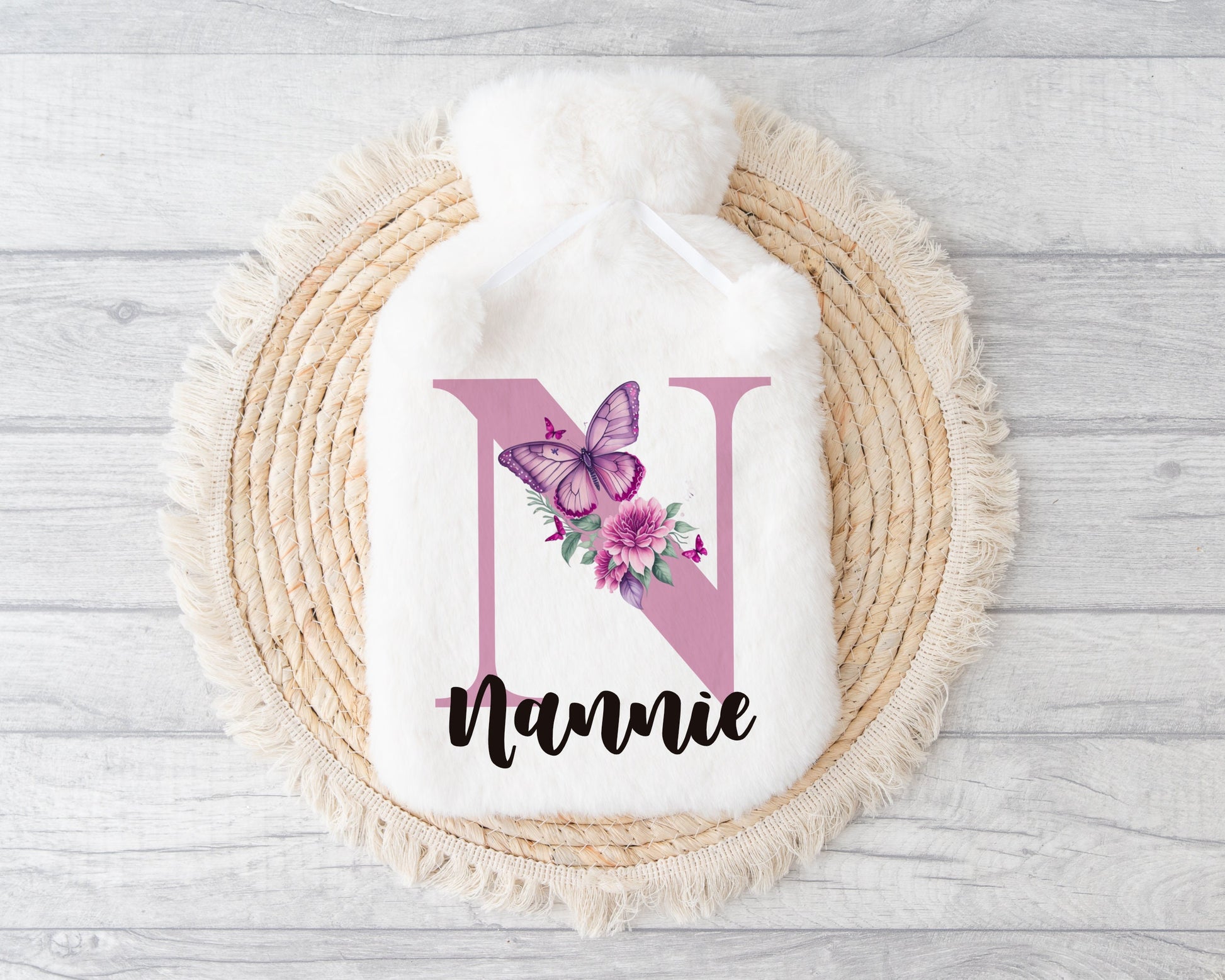 Hot Water Bottle, Nannie Gift, Personalised Hot Water Bottle, Christmas Gift For Grandma, Christmas Gift For Friend, Butterfly Initial