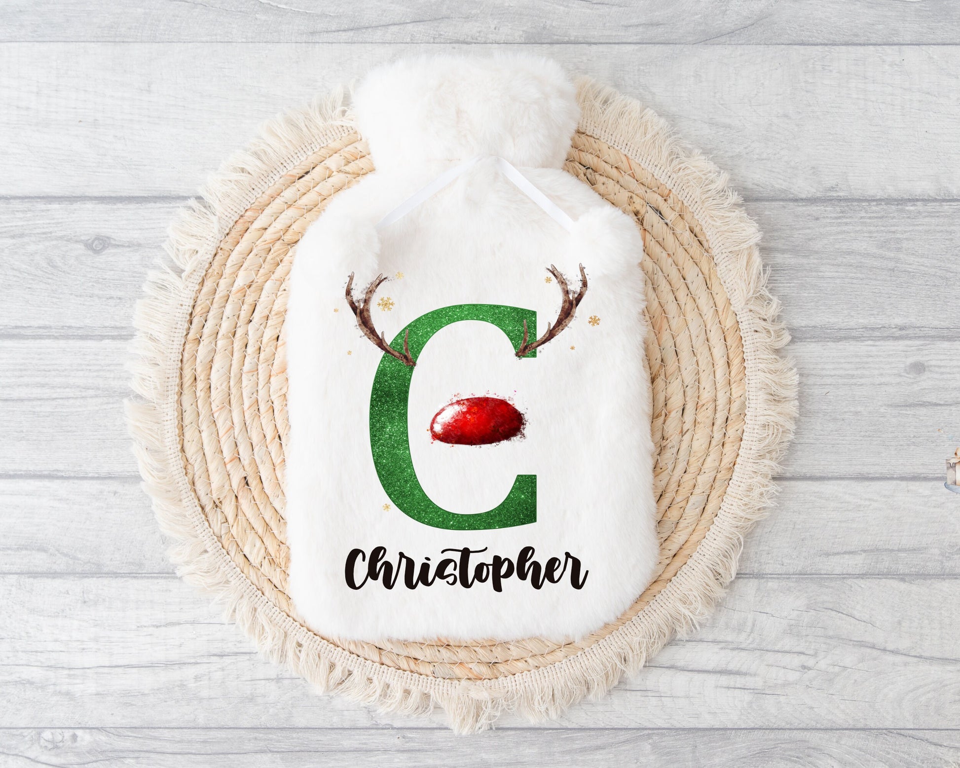 Hot Water Bottle, Gift For Her, Personalised Hot Water Bottle, Christmas Gift For Friend, Christmas Gift For Him, Reindeer Initial