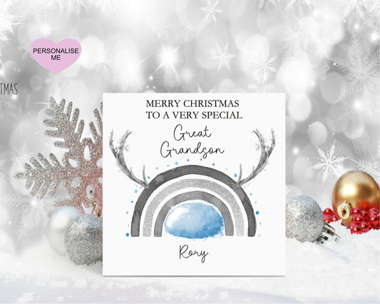 Great Grandson Christmas Card, Christmas Card For Great Grandson, Personalised Christmas Card, Reindeer Rainbow Christmas Card