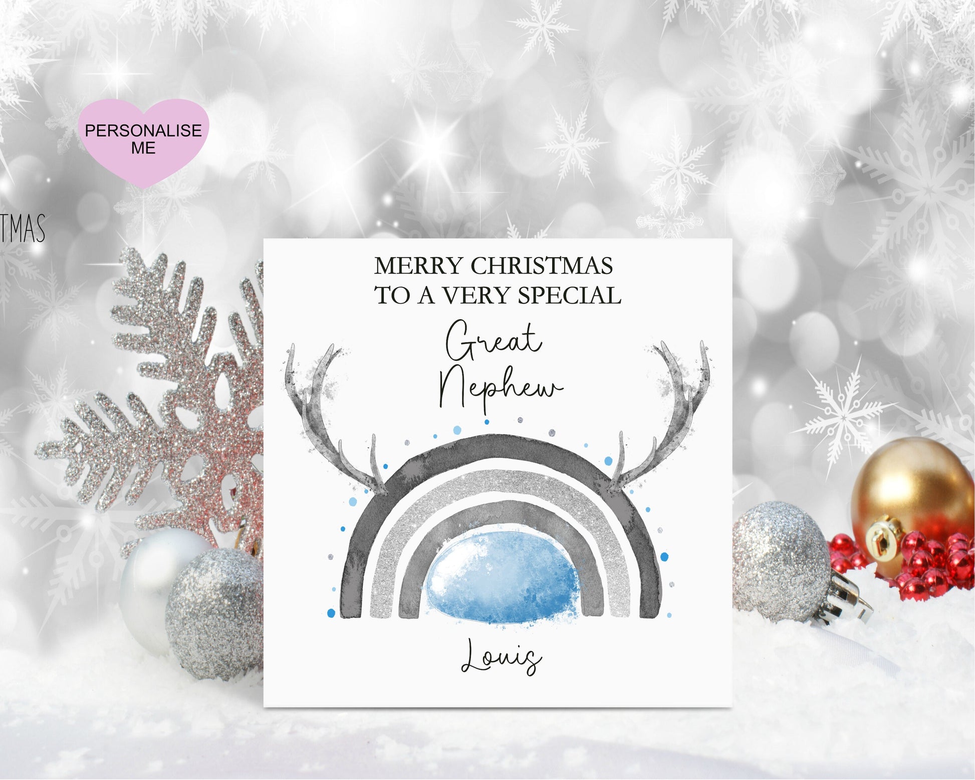 Godson Christmas Card, Christmas Card For Godson, Personalised Christmas Card, Christmas Tree Card, Reindeer Rainbow Christmas Card