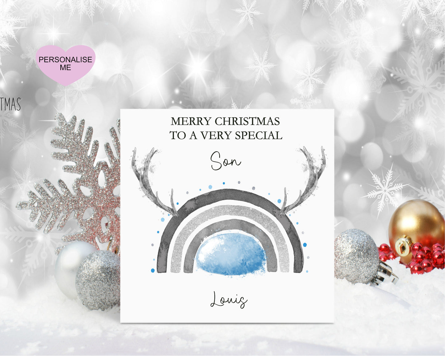 Godson Christmas Card, Christmas Card For Godson, Personalised Christmas Card, Christmas Tree Card, Reindeer Rainbow Christmas Card