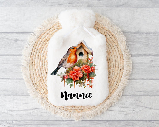 Robin Christmas Gift For Nannie, Hot Water Bottle, Fluffy Hot Water Bottle, Personalised Hot Water Bottle, Nanna, Grandma, Mum Gift