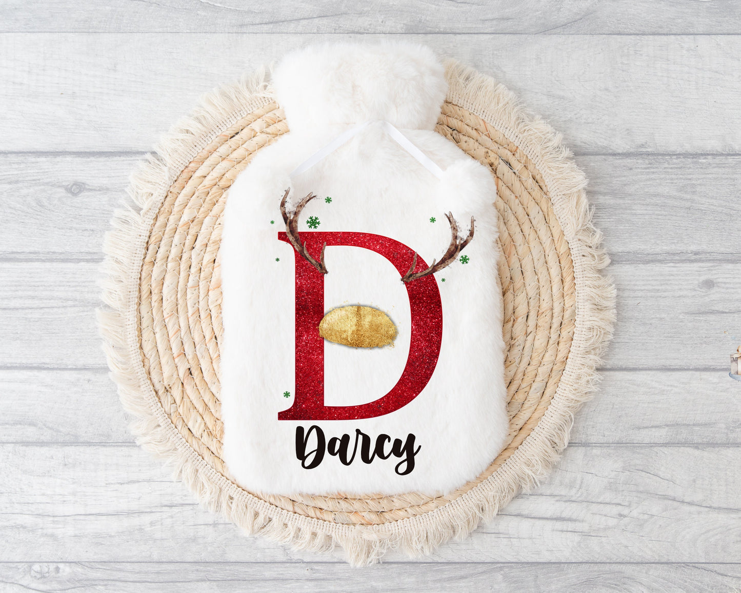Hot Water Bottle, Gift For Her, Personalised Hot Water Bottle, Christmas Gift For Friend, Christmas Gift For Him, Reindeer Initial