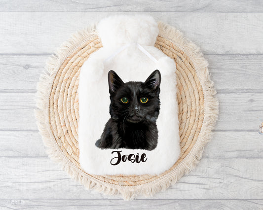 Cat Gifts, Fluffy Hot Water Bottle, Personalised Hot Water Bottle, Black Cat Hot Water Bottle Christmas Gift, Gift For Her, Gift For Him