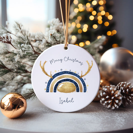Blue & Gold Bauble, Rainbow Christmas Tree Decoration, Personalised Christmas Tree Bauble