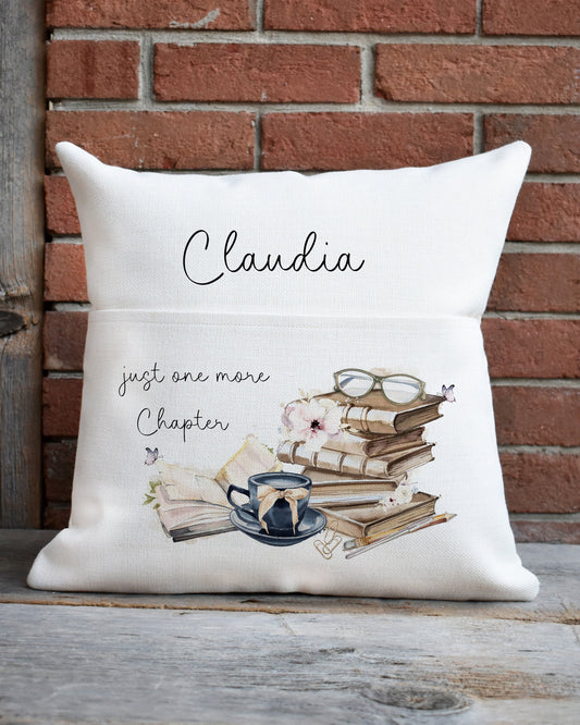 Reading Cushion, Adult Book Cushion, Gift For Her, Friend Gift, Librarian Gift, Just One More Chapter, Book Pocket Cushion