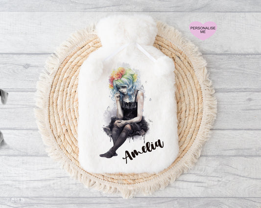 Rainbow Haired Zombie Rain Girl Gift, Personalised Hot Water Bottle, Gift For Teen Girl, Granddaughter Xmas Gift, Daughter Gift
