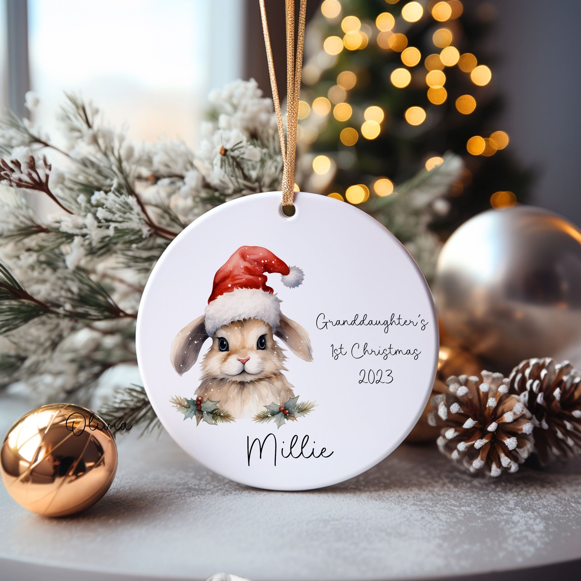 Granddaughter's First Christmas Bauble, Personalised Bunny Rabbit Christmas Tree Decoration, Grandson Bauble, 1st Xmas 24, Christmas in July