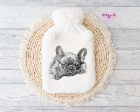 Frenchie Gift, Personalised Hot Water Bottle, Dog Xmas Gift, Xmas Gift For Dog Lover, Sleepy Frenchie Hot Water Bottle
