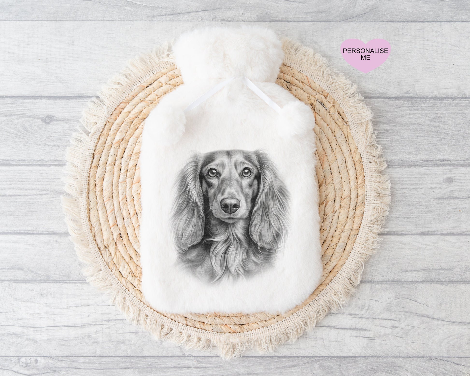 Long Haired Daschund Gift, Personalised Hot Water Bottle, Dog Xmas Gift, Xmas Gift For Dog Lover