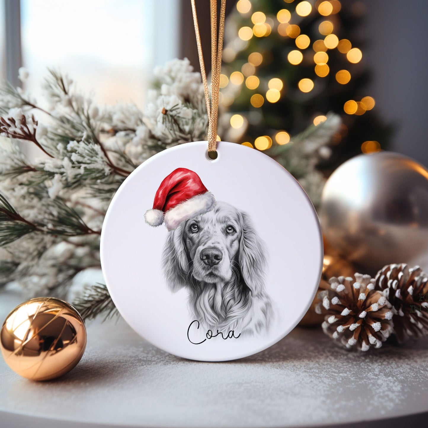 English Setter Bauble, Personalised Pet Dog Christmas Tree Decoration, Gift For Dog Family, Dog Lover, Santa Dog Bauble