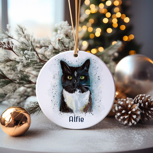 Black Cat Bauble, Personalised Cat Christmas Tree Decoration, Black And White Cat Tree Decoration
