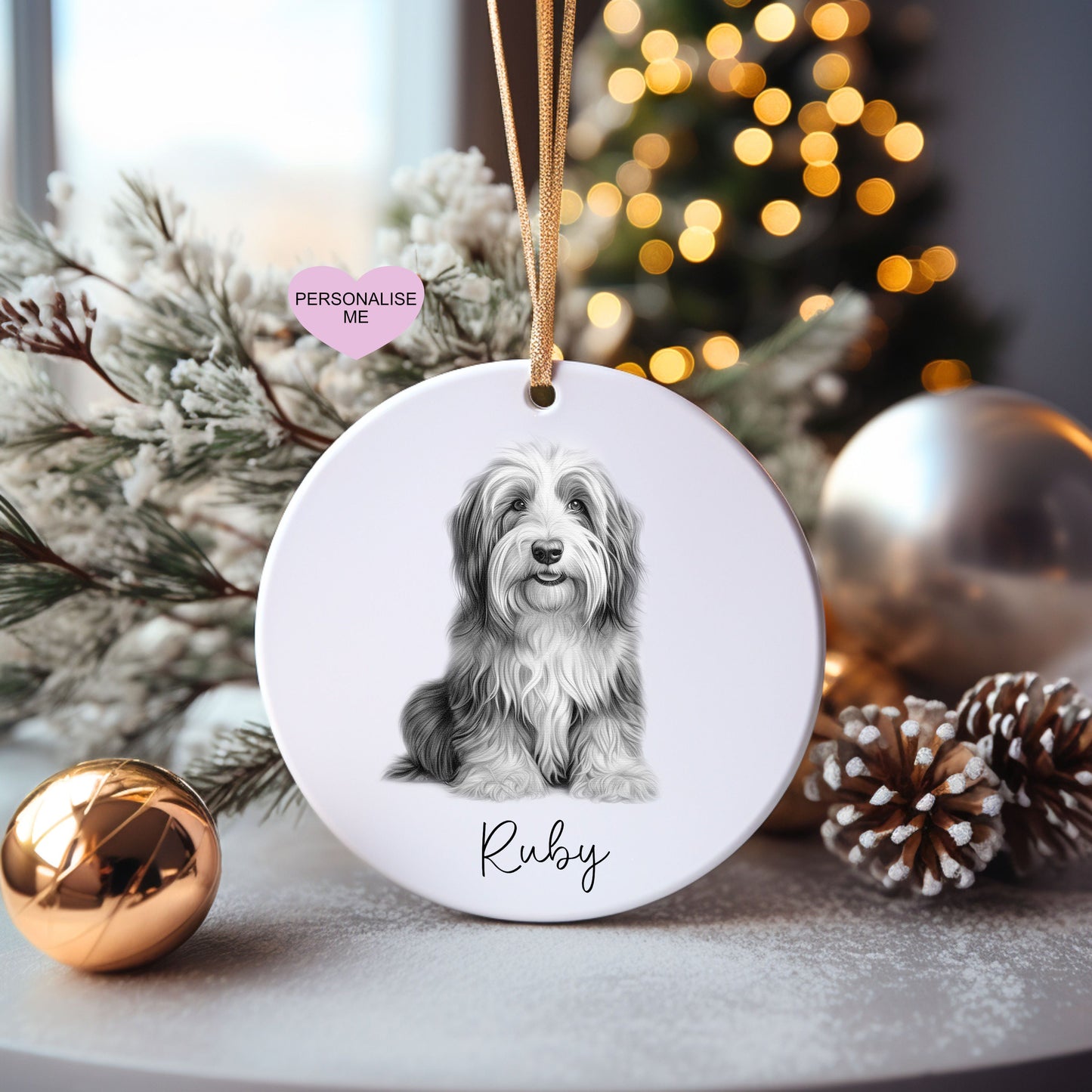 Bearded Collie Christmas Bauble, Personalised Pet Dog Christmas Tree Decoration, Gift For Dog Family, Dog Lover, Santa Dog Bauble