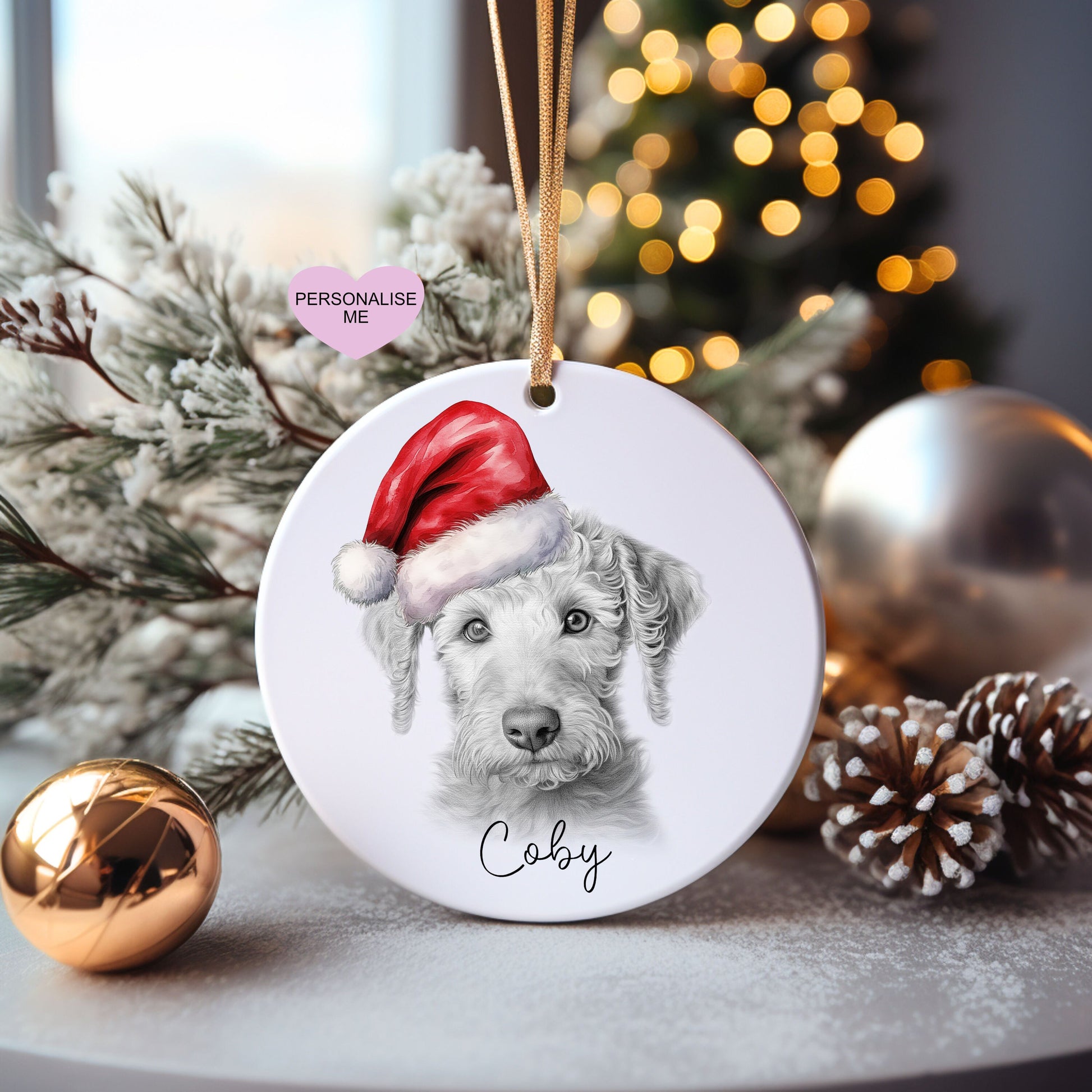Bedlington Terrier Christmas Bauble, Personalised Pet Dog Christmas Tree Decoration, Gift For Dog Family, Dog Lover, Santa Dog Bauble
