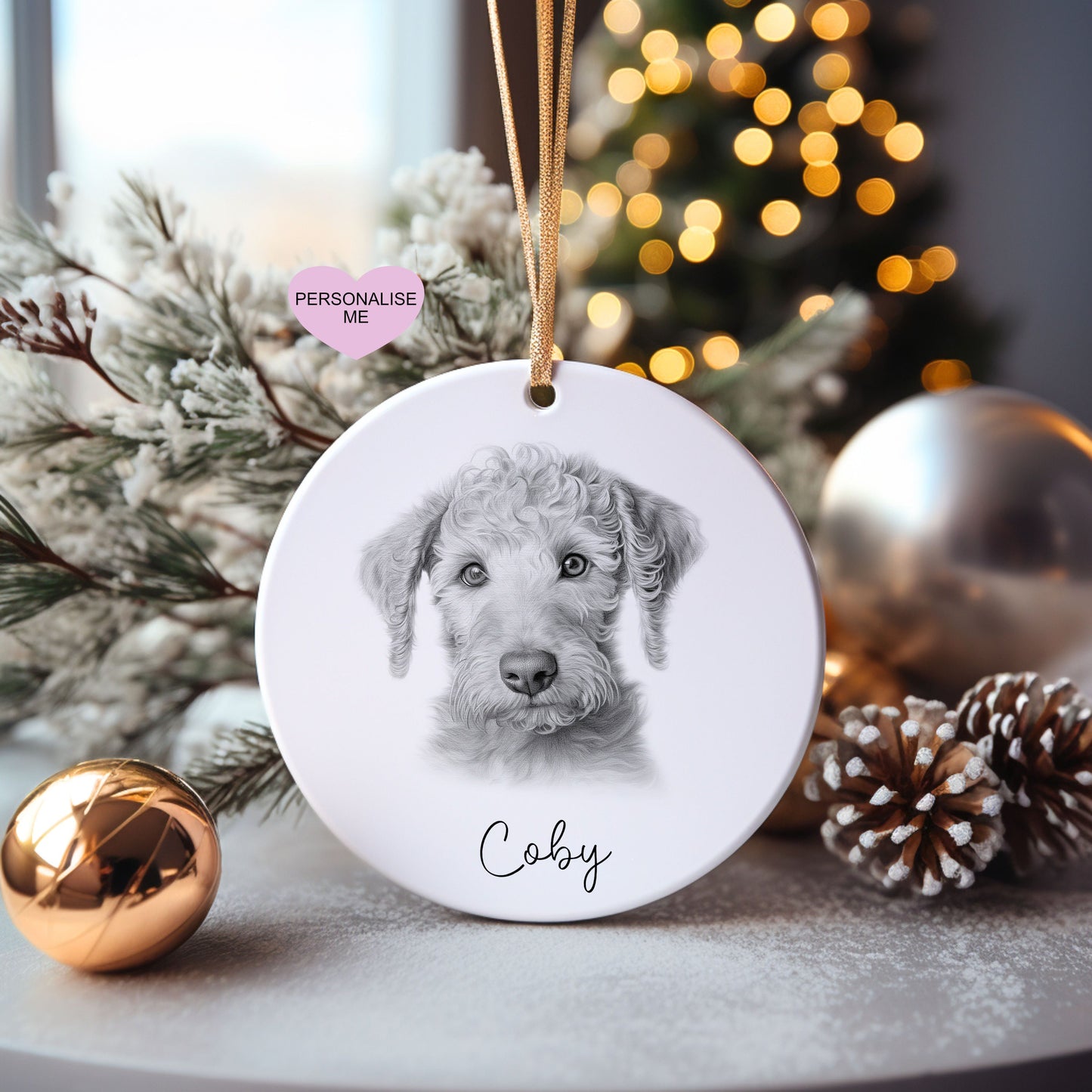 Bedlington Terrier Christmas Bauble, Personalised Pet Dog Christmas Tree Decoration, Gift For Dog Family, Dog Lover, Santa Dog Bauble