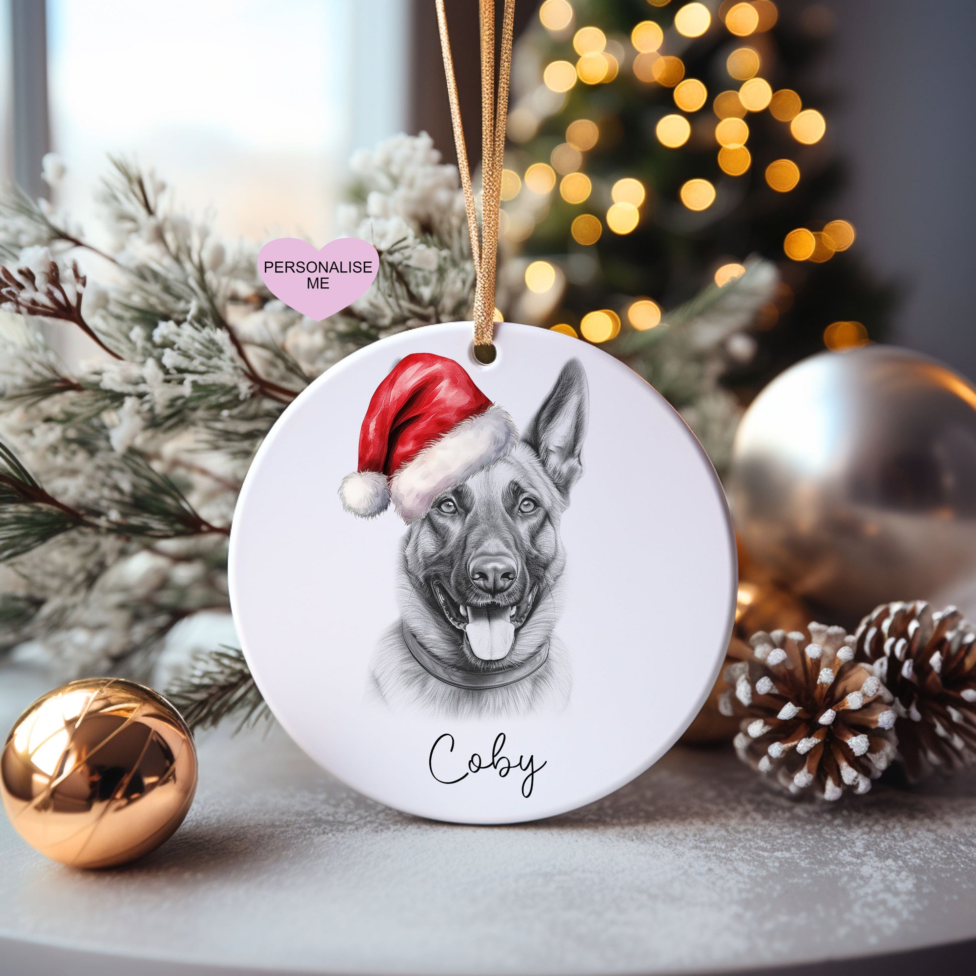 Belgian Malinois Christmas Bauble, Personalised Pet Dog Christmas Tree Decoration, Gift For Dog Family, Dog Lover, Santa Dog Bauble