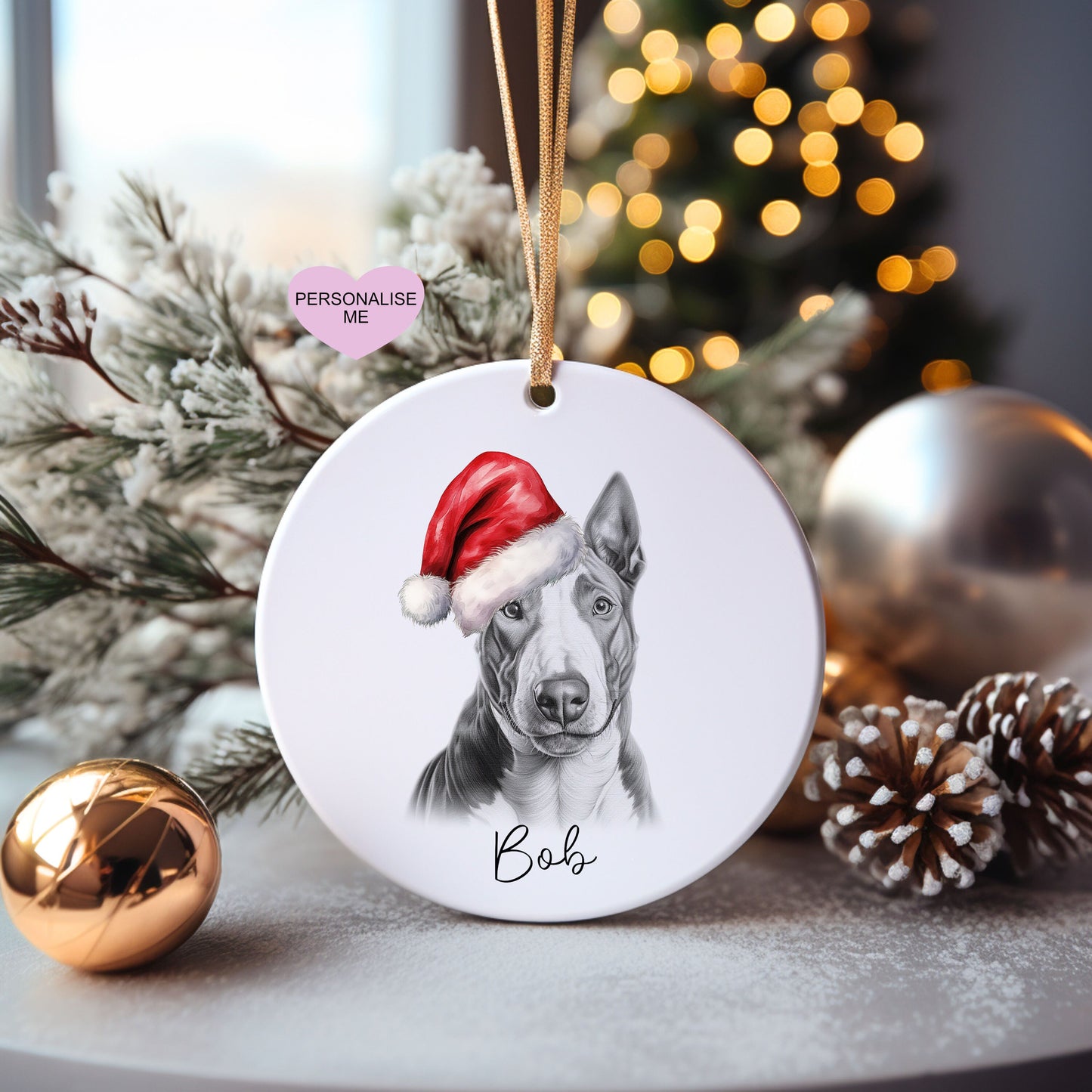 Bull Terrier Christmas Bauble, Personalised Pet Dog Christmas Tree Decoration, Gift For Dog Family, Dog Lover, Santa Dog Bauble