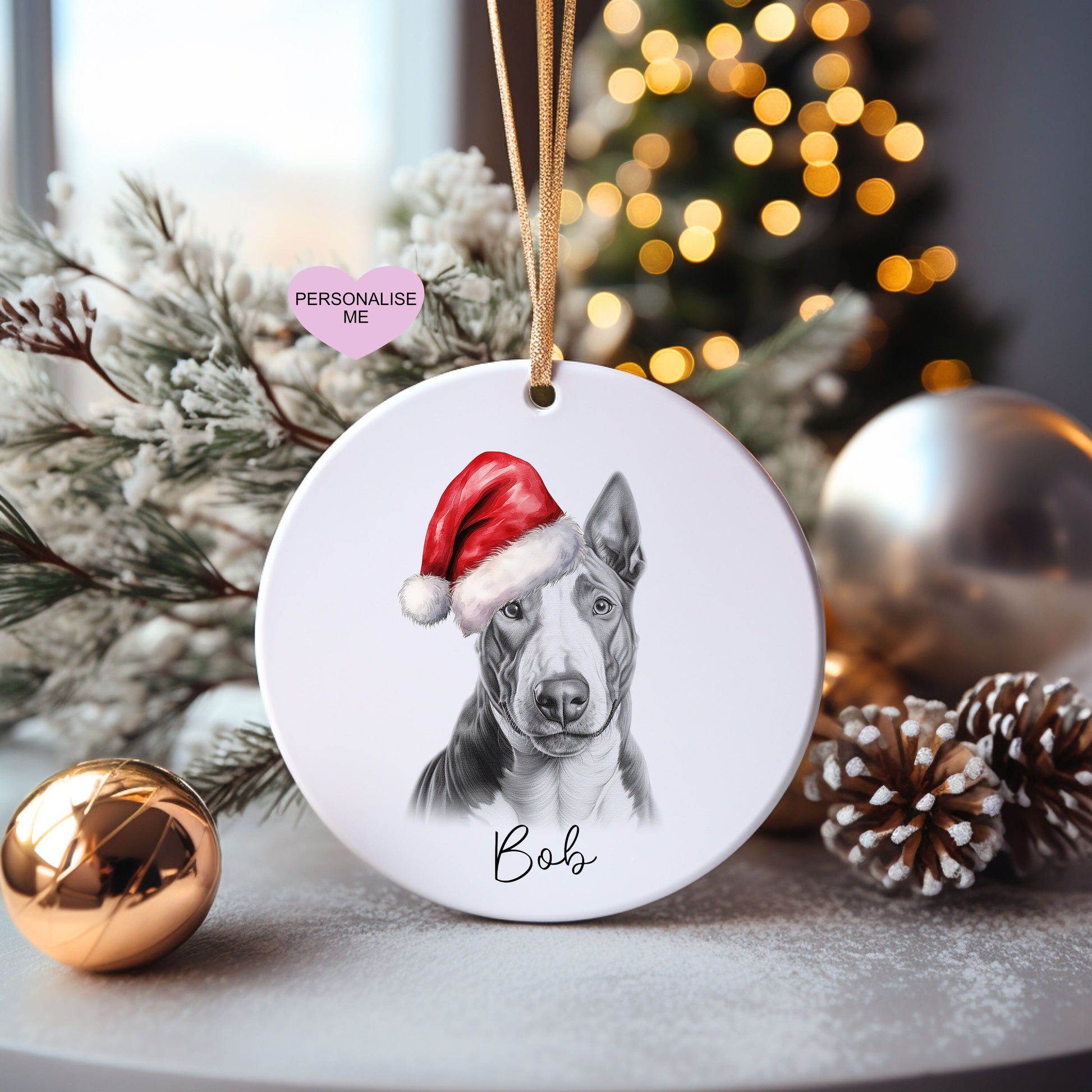 Bull Terrier Christmas Bauble, Personalised Pet Dog Christmas Tree Decoration, Gift For Dog Family, Dog Lover, Santa Dog Bauble