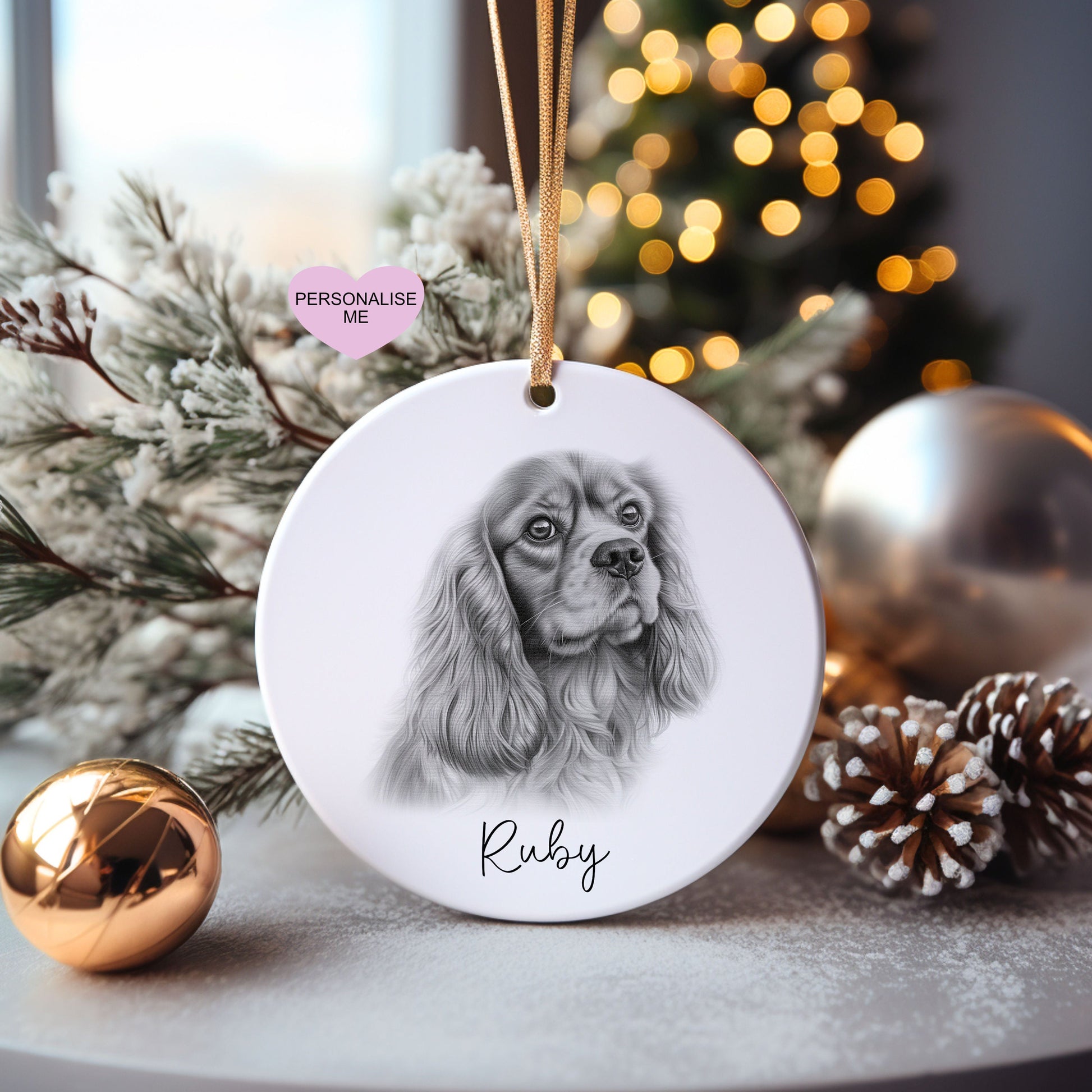 Ruby King Charles Christmas Bauble, Personalised Pet Dog Christmas Tree Decoration, Gift For Dog Family, Dog Lover, Santa Dog Bauble