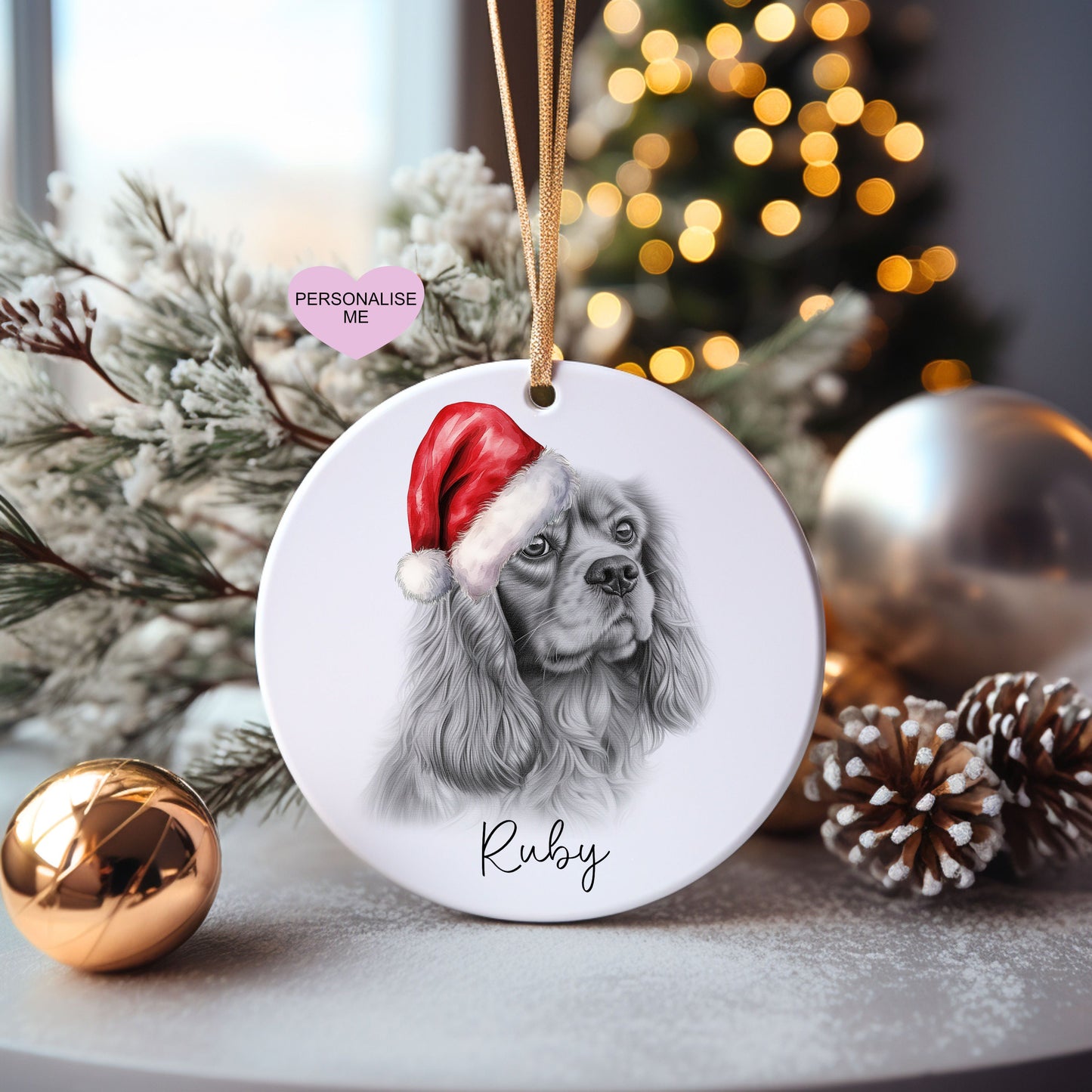 Ruby King Charles Christmas Bauble, Personalised Pet Dog Christmas Tree Decoration, Gift For Dog Family, Dog Lover, Santa Dog Bauble