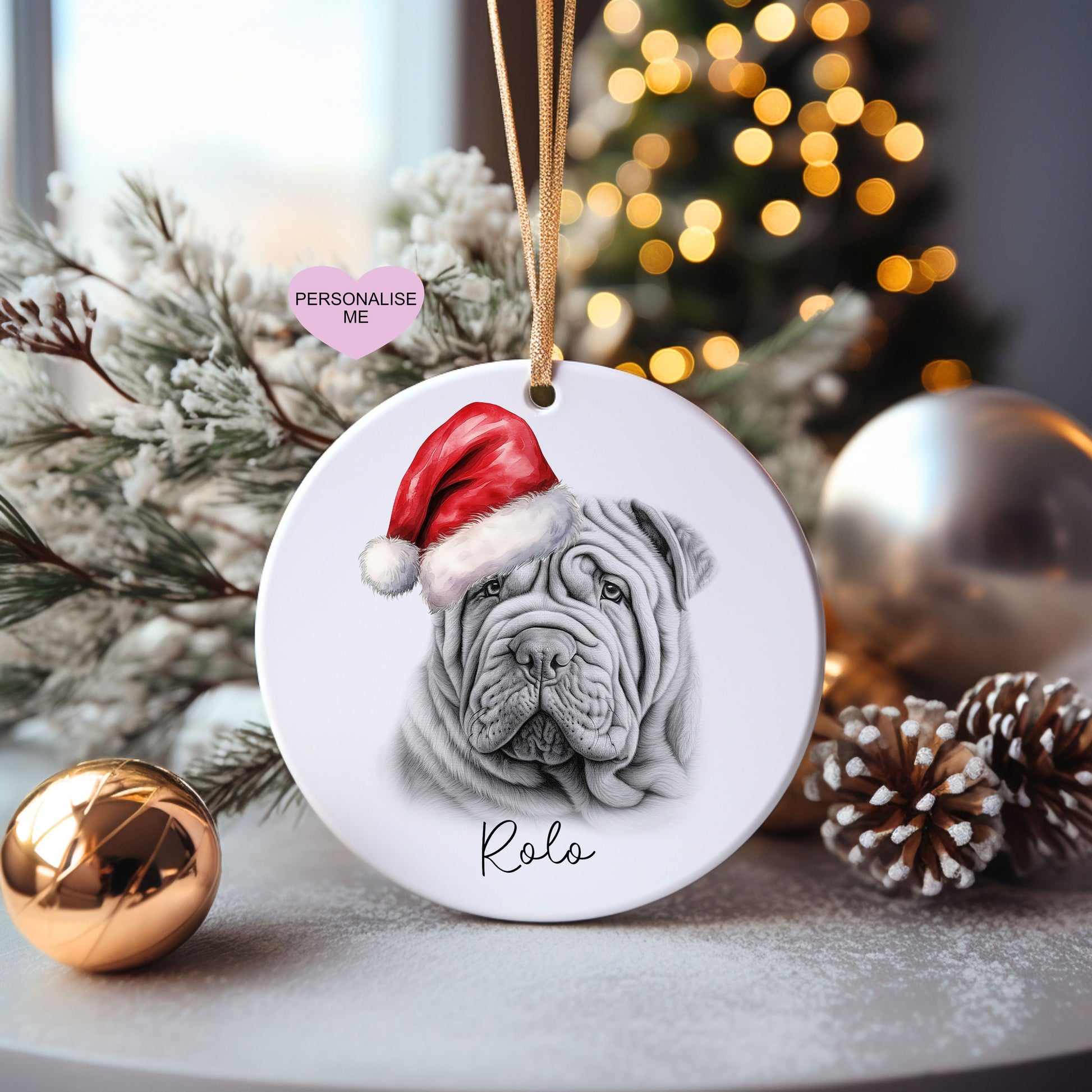 Shar Pei Christmas Bauble, Personalised Pet Dog Christmas Tree Decoration, Gift For Dog Family, Dog Lover, Santa Dog Bauble