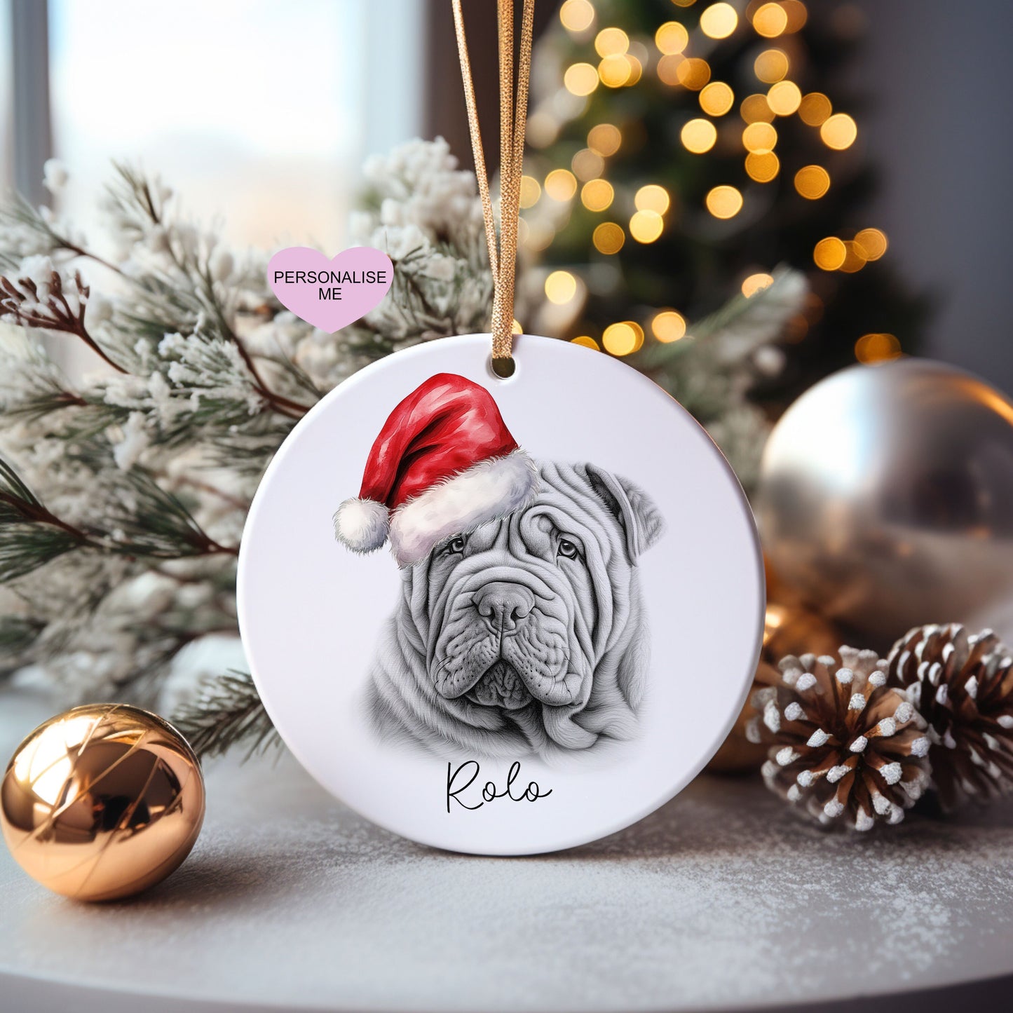 Shar Pei Christmas Bauble, Personalised Pet Dog Christmas Tree Decoration, Gift For Dog Family, Dog Lover, Santa Dog Bauble