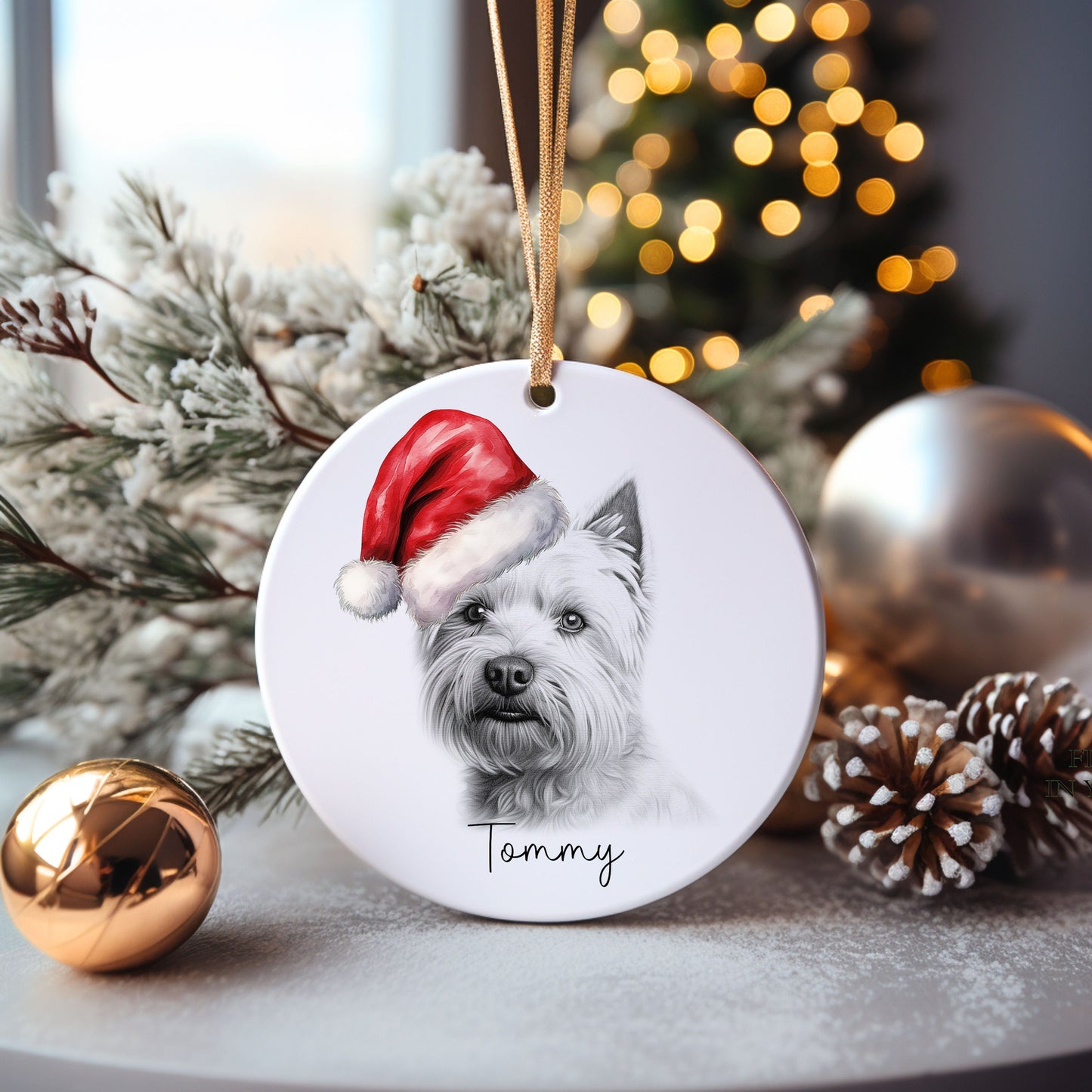 Westie Dog Bauble, Personalised Pet Dog Christmas Tree Decoration, Gift For Dog Family, Dog Lover, Santa Dog Bauble