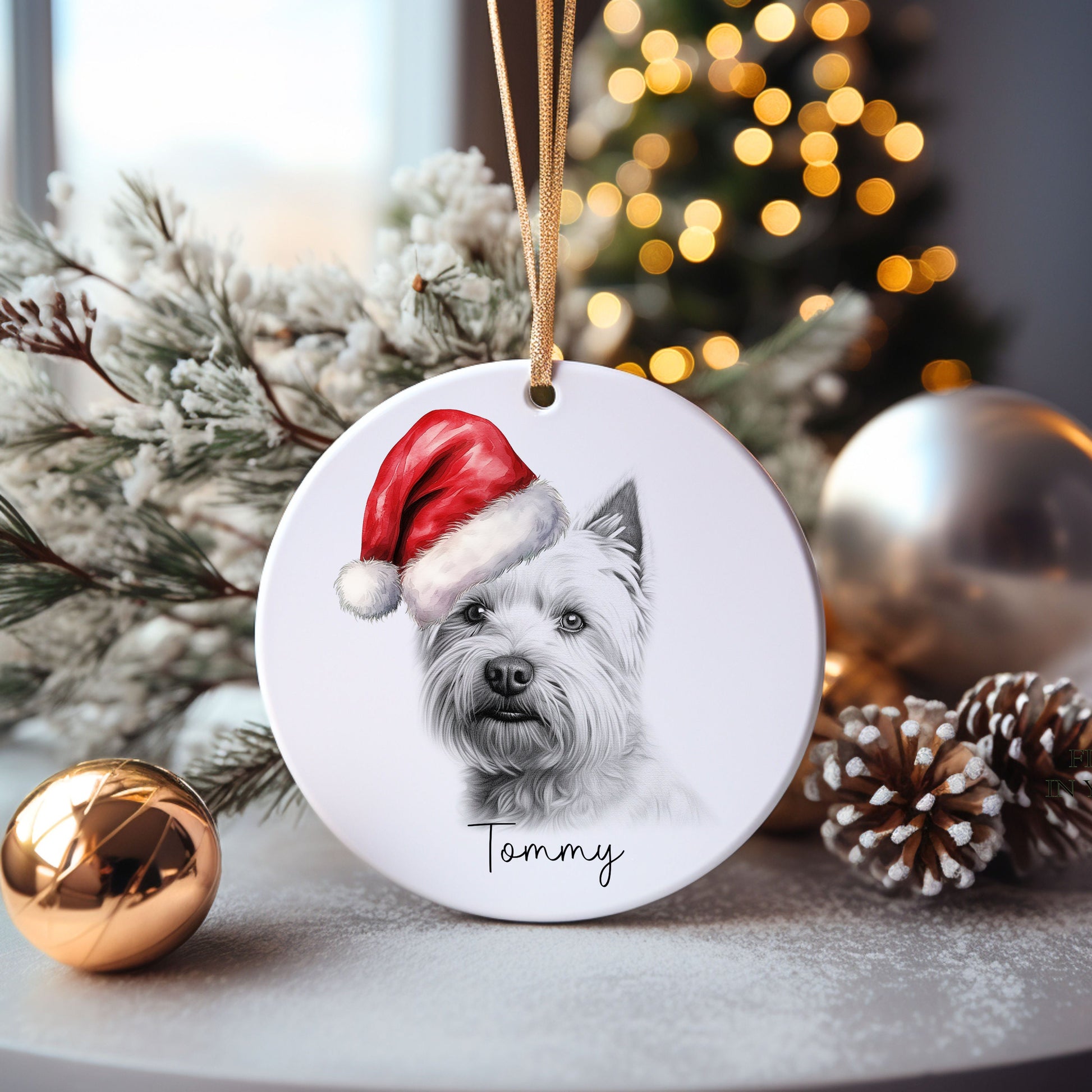 Westie Dog Bauble, Personalised Pet Dog Christmas Tree Decoration, Gift For Dog Family, Dog Lover, Santa Dog Bauble