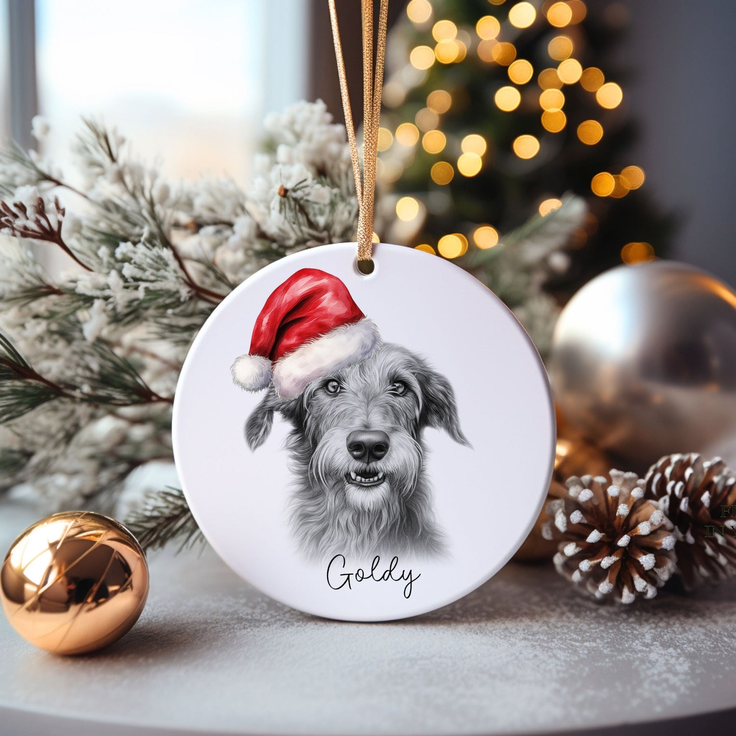 Deerhound Bauble, Personalised Pet Dog Christmas Tree Decoration, Gift For Dog Family, Dog Lover, Santa Dog Bauble