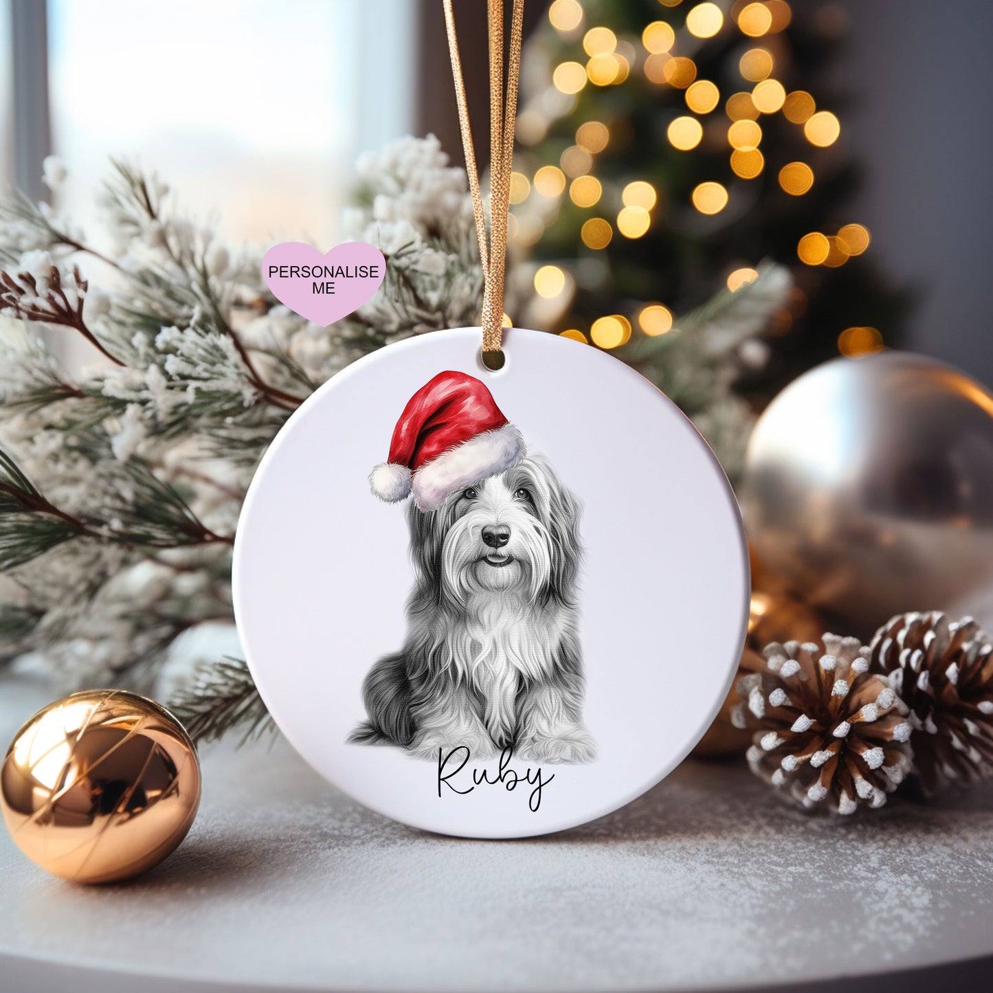 Bearded Collie Christmas Bauble, Personalised Pet Dog Christmas Tree Decoration, Gift For Dog Family, Dog Lover, Santa Dog Bauble