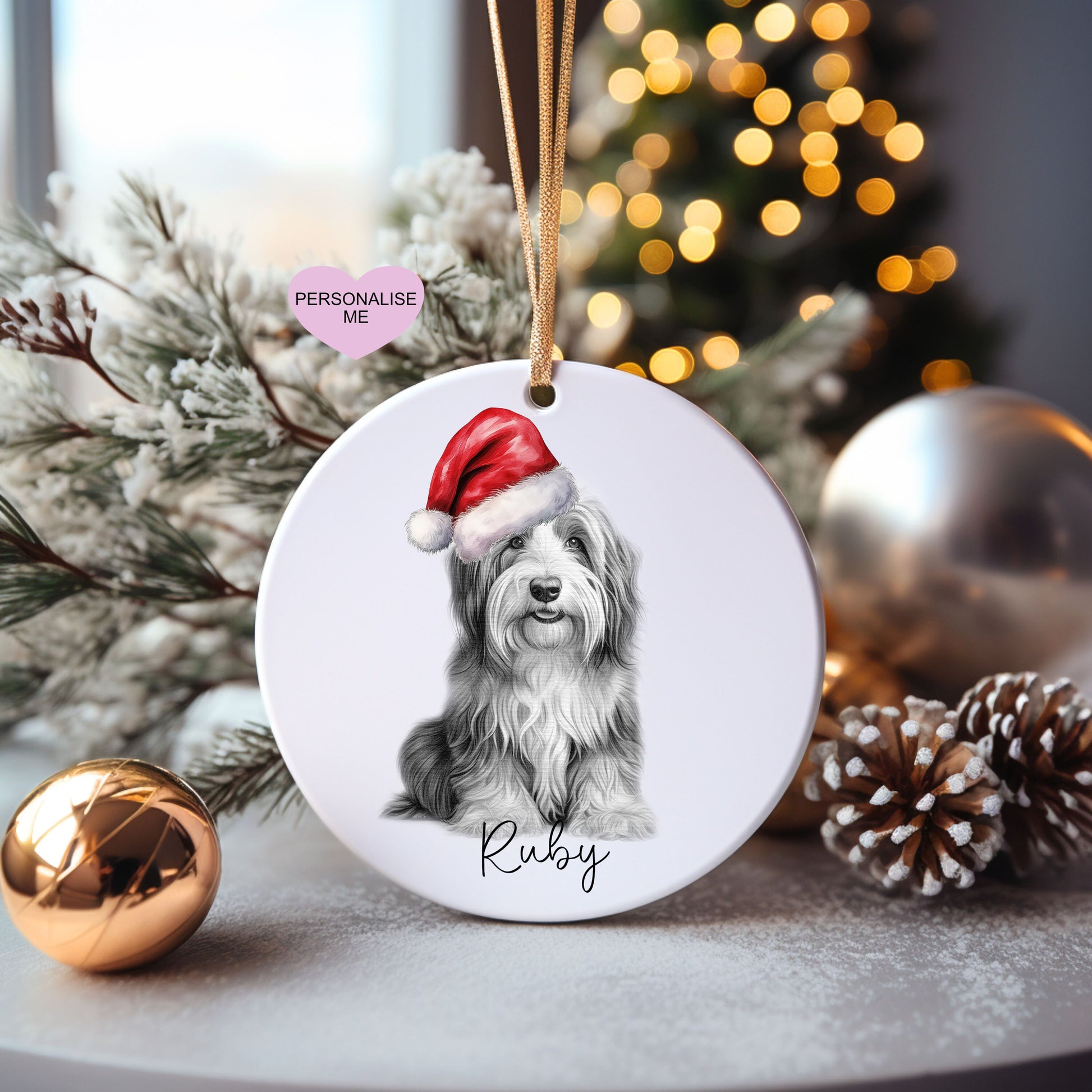 Bearded Collie Christmas Bauble, Personalised Pet Dog Christmas Tree Decoration, Gift For Dog Family, Dog Lover, Santa Dog Bauble