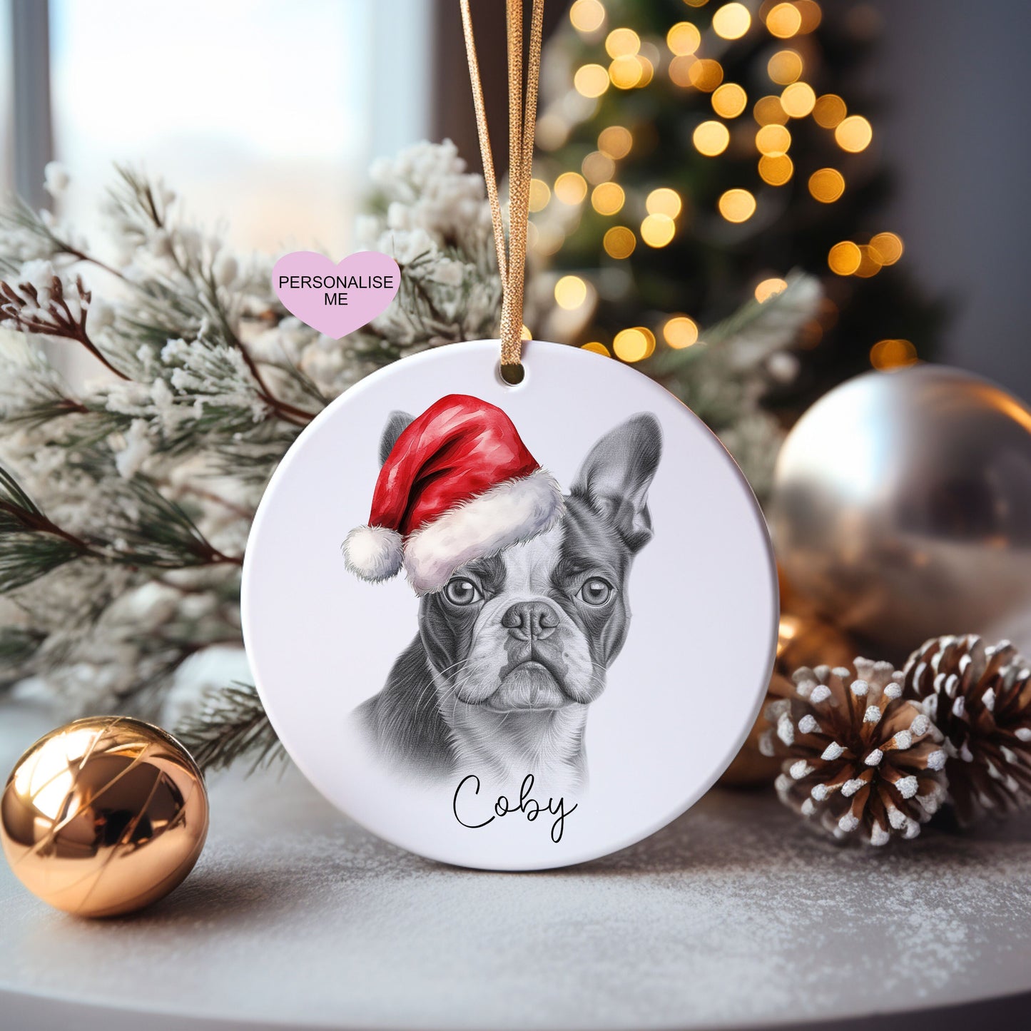 Boston Terrier Christmas Bauble, Personalised Pet Dog Christmas Tree Decoration, Gift For Dog Family, Dog Lover, Santa Dog Bauble