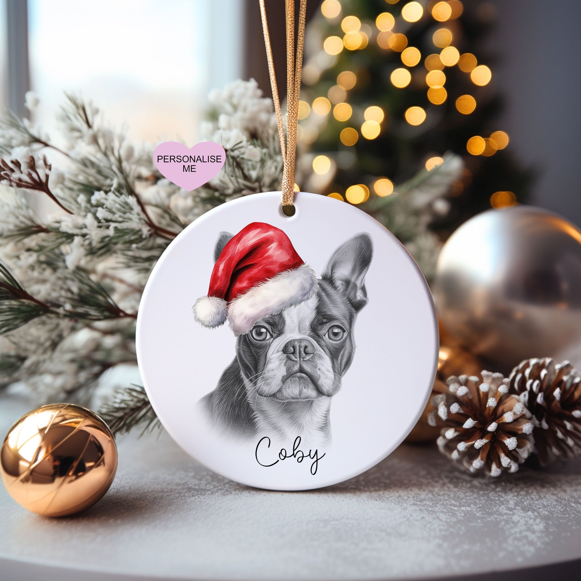 Boston Terrier Christmas Bauble, Personalised Pet Dog Christmas Tree Decoration, Gift For Dog Family, Dog Lover, Santa Dog Bauble
