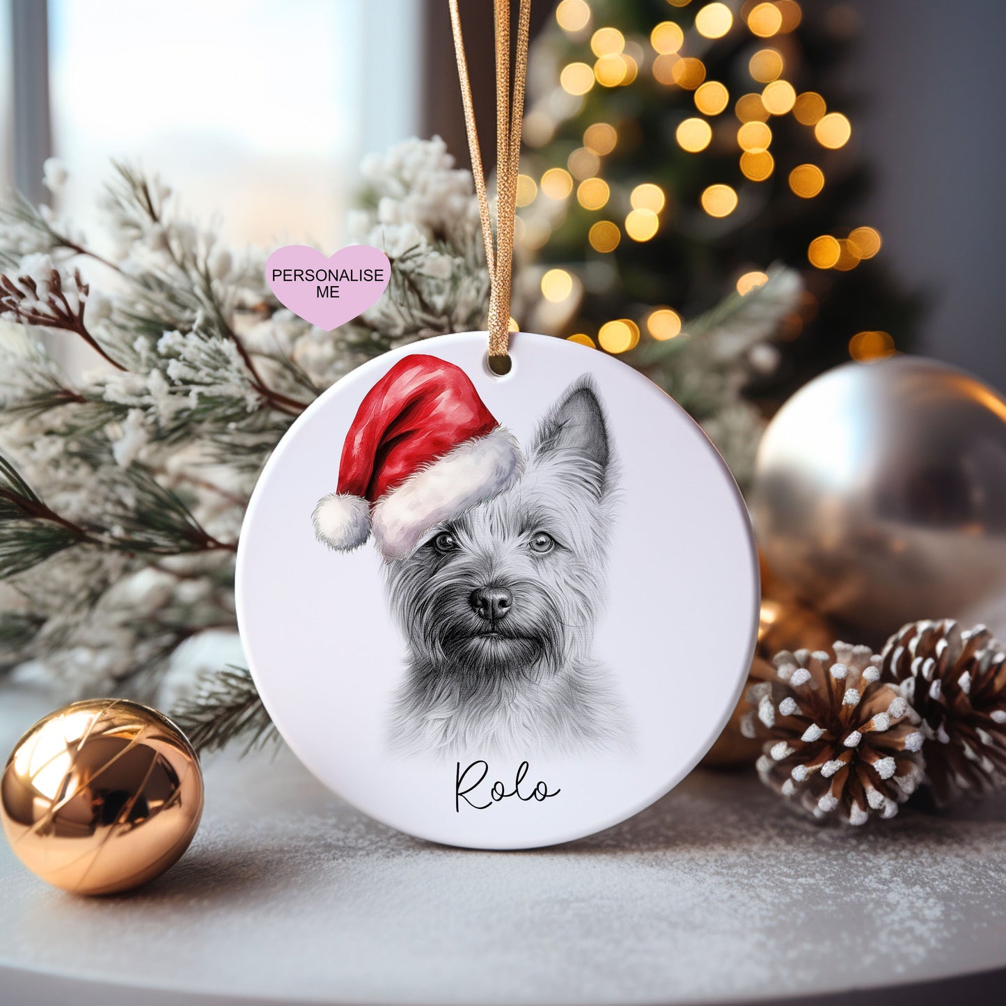 Cairn Terrier Christmas Bauble, Personalised Pet Dog Christmas Tree Decoration, Gift For Dog Family, Dog Lover, Santa Dog Bauble