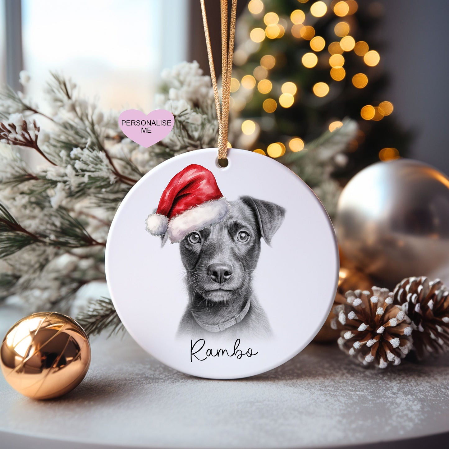 Patterdale Terrier Christmas Bauble, Personalised Pet Dog Christmas Tree Decoration, Gift For Dog Family, Dog Lover, Santa Dog Bauble