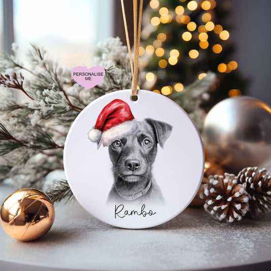 Patterdale Terrier Christmas Bauble, Personalised Pet Dog Christmas Tree Decoration, Gift For Dog Family, Dog Lover, Santa Dog Bauble