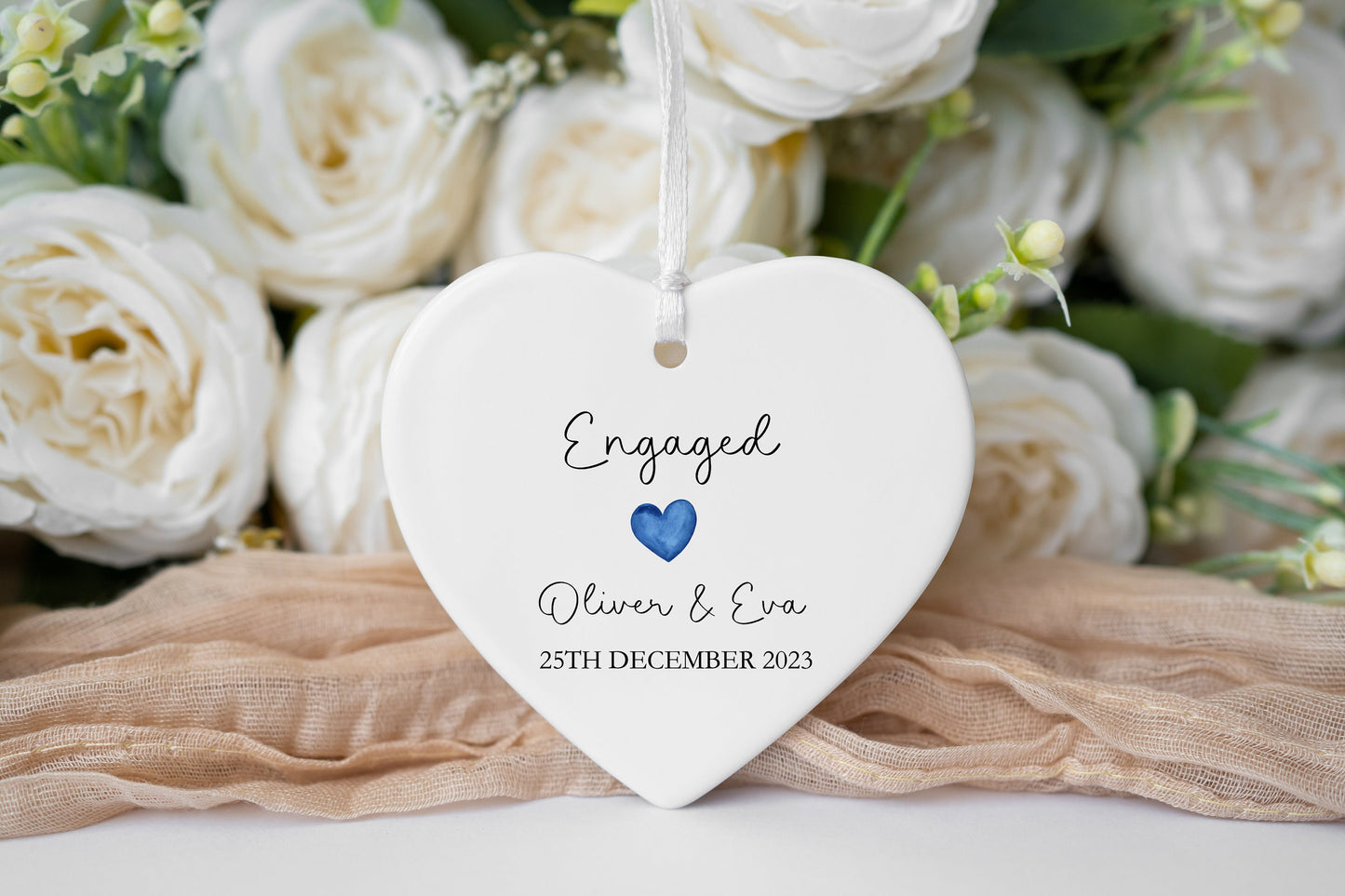 Engagement Gift, Personalised Engagement Heart Ceramic Hanging Keepsake, Personalised Engagement Ornament With Date