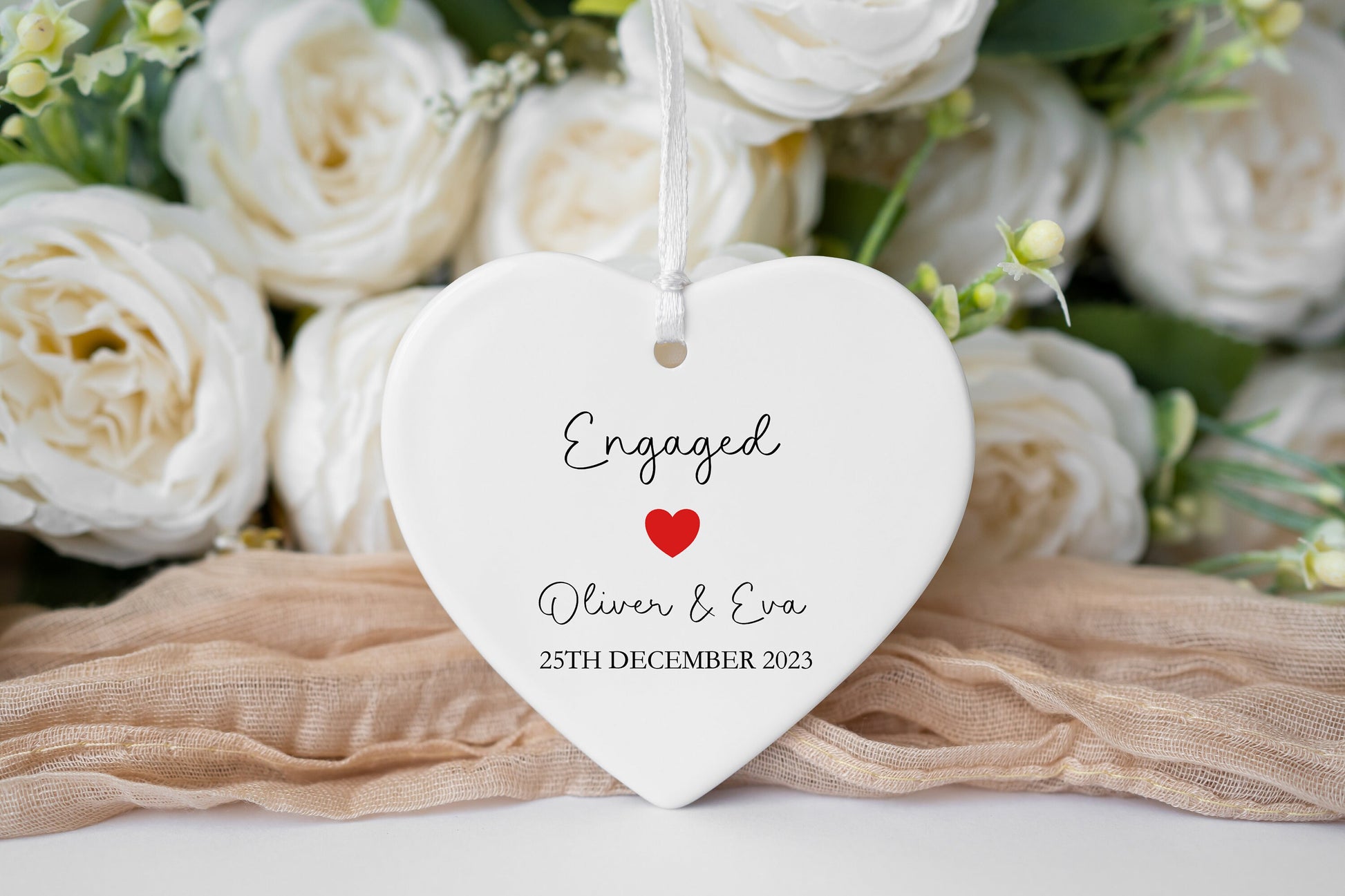Engagement Gift, Personalised Engagement Heart Ceramic Hanging Keepsake, Personalised Engagement Ornament With Date