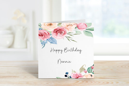 Nannie Birthday Card, Personalised Mum Birthday Card For Her, Floral Frame Birthday Card