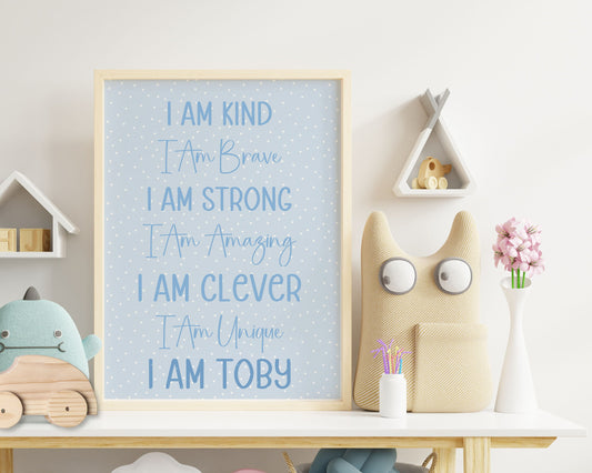 Affirmation Print, Unframed Personalised Wall Print For Kids, Pink Or Blue Bedroom Decor For Children, I Am Affirmation Print, UNFRAMED