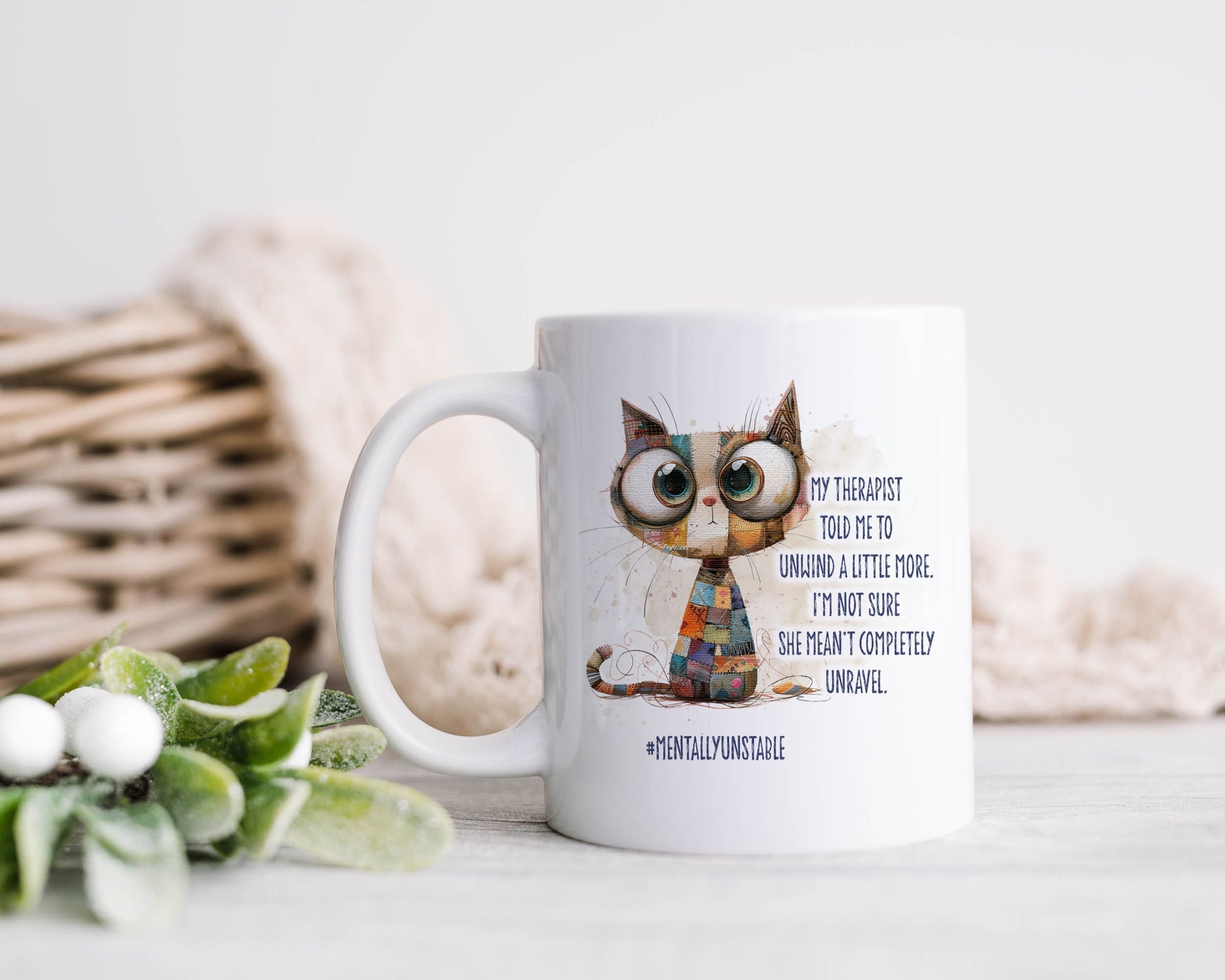 Quirky Cat Mug, Mentally Unstable Mug Gift Set, Quirky Cat Unravelled Mug, Personalised Mug