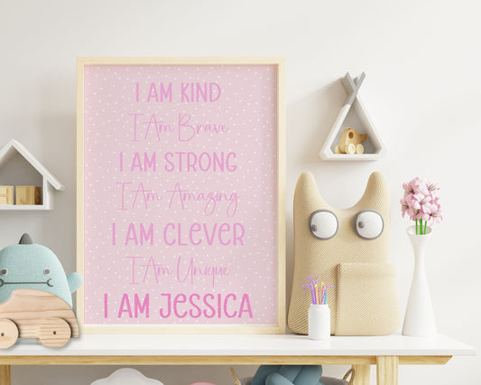 Affirmation Print, Unframed Personalised Wall Print For Kids, Pink Or Blue Bedroom Decor For Children, I Am Affirmation Print, UNFRAMED