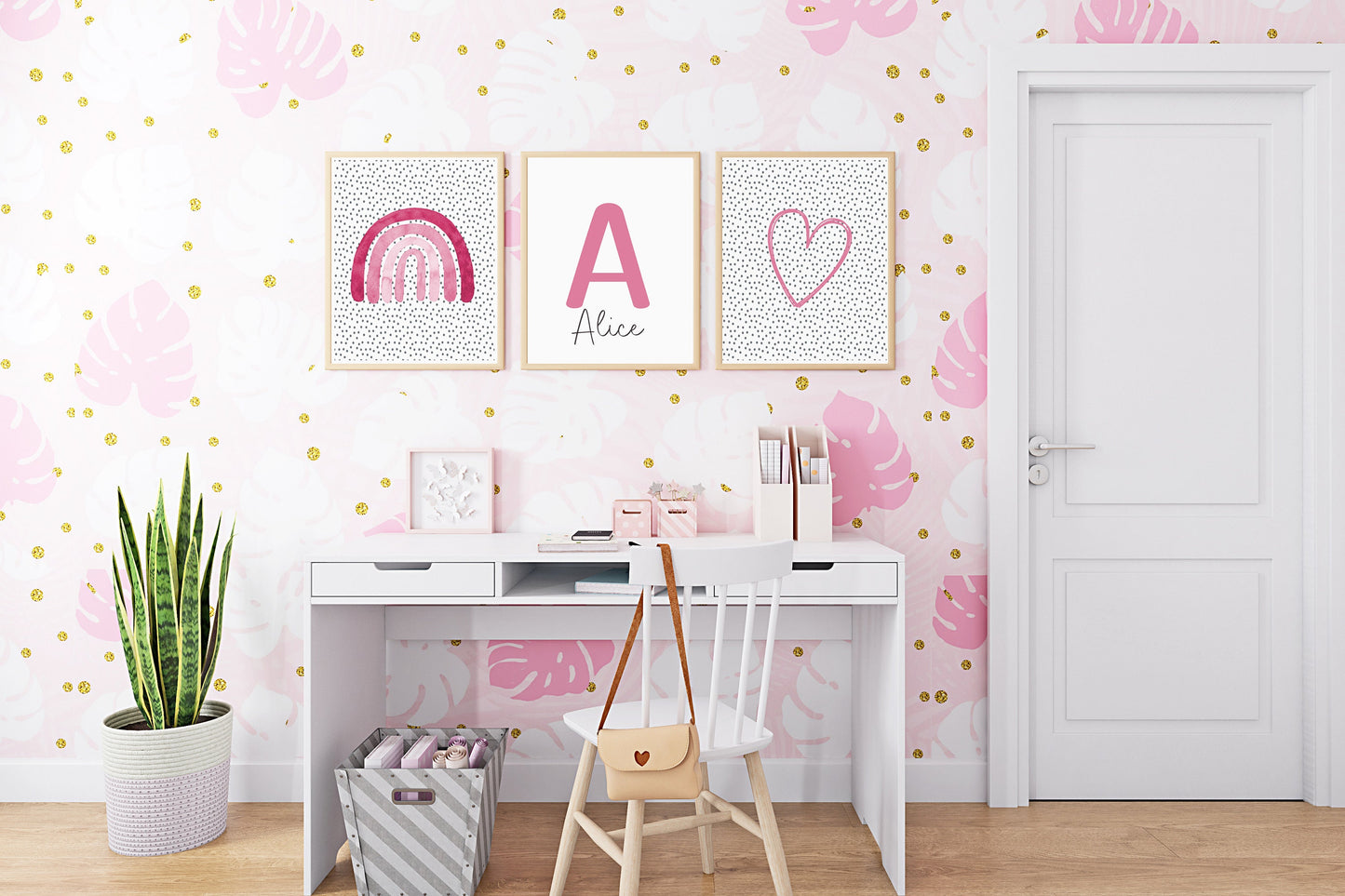 Set Of 3 Prints, Kids Wall Prints, Rainbow Print, Pink And Grey Print, Rainbow And Heart Children's Wall Art, UNFRAMED PRINTS, Initial Print