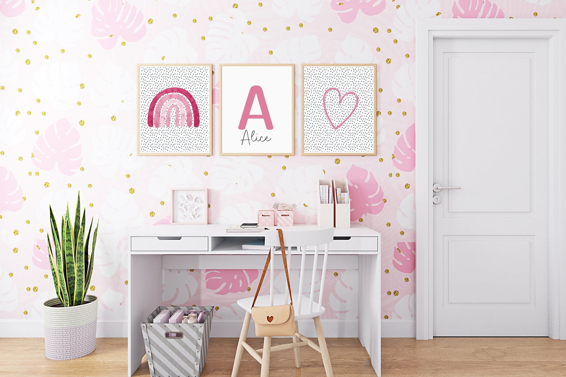 Set Of 3 Prints, Kids Wall Prints, Rainbow Print, Pink And Grey Print, Rainbow And Heart Children's Wall Art, UNFRAMED PRINTS, Initial Print