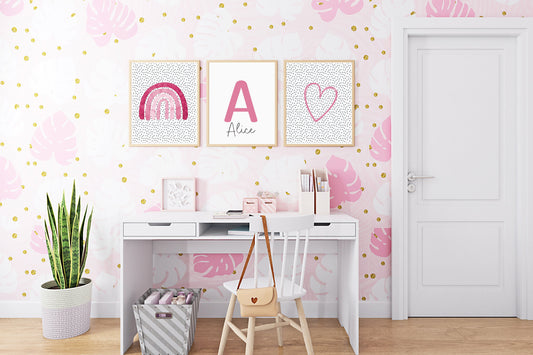 Set Of 3 Prints, Kids Wall Prints, Rainbow Print, Pink And Grey Print, Rainbow And Heart Children's Wall Art, UNFRAMED PRINTS, Initial Print