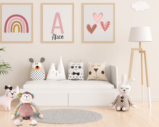 Set Of 3 Prints, Kids Wall Prints, Rainbow Print, Boho Rainbow Print, Children's Bedroom, UNFRAMED PRINTS, Heart & Name Girls Room Prints