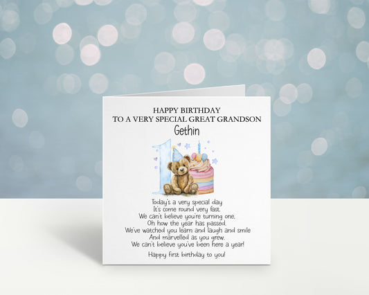 Personalised First Birthday Card For A Special Little Boy, Special Great Grandson, 1st Birthday Card Granddaughter, Son, 1st Birthday Poem