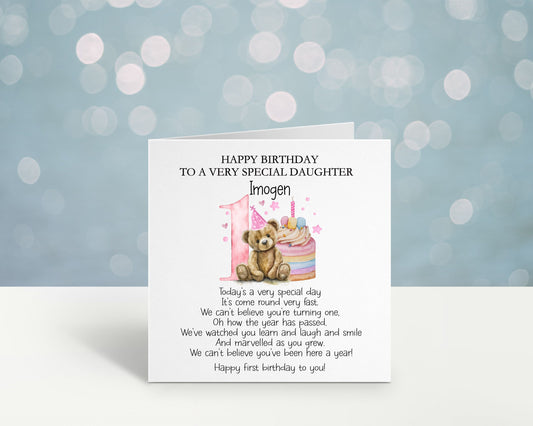 Personalised First Birthday Card For A Special Daughter, Special Little Girl, 1st Birthday Card Granddaughter, Son, 1st Birthday Poem